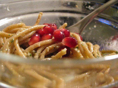 pesto dish with pomegranate seeds