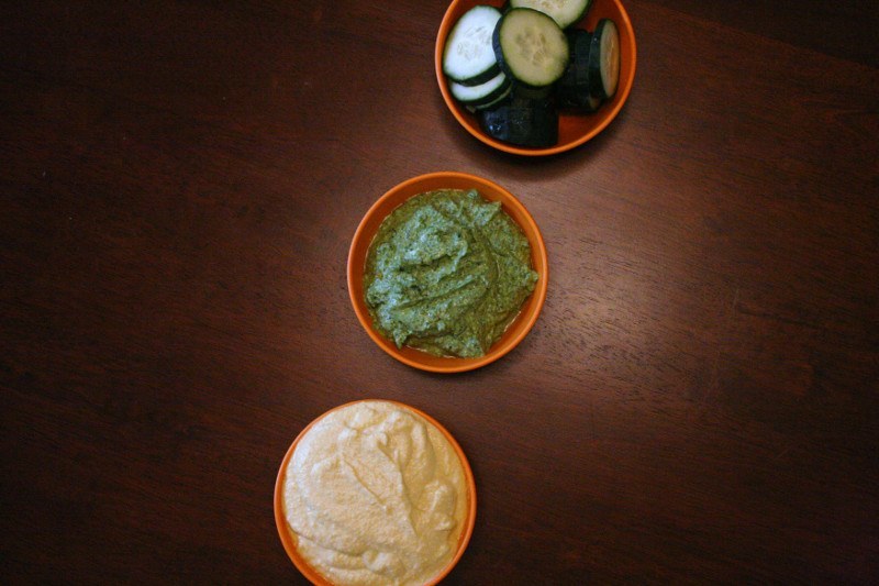 veggie dips in small bowls