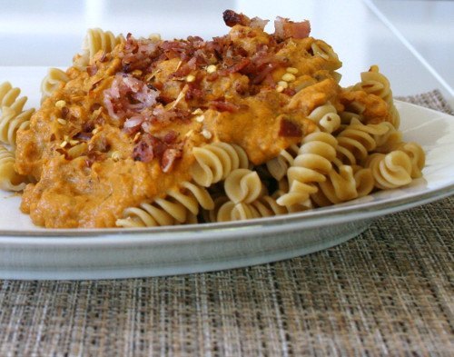 savory pumpkin sauce over whole grain rotini